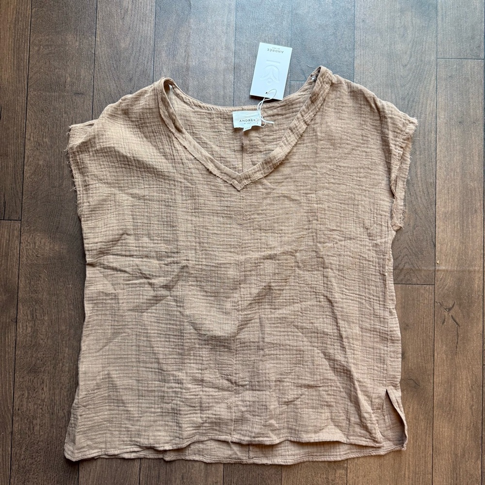 Andree By Unit Distressed Sleeveless V Neck Brown Top Women's Size Large Cotton